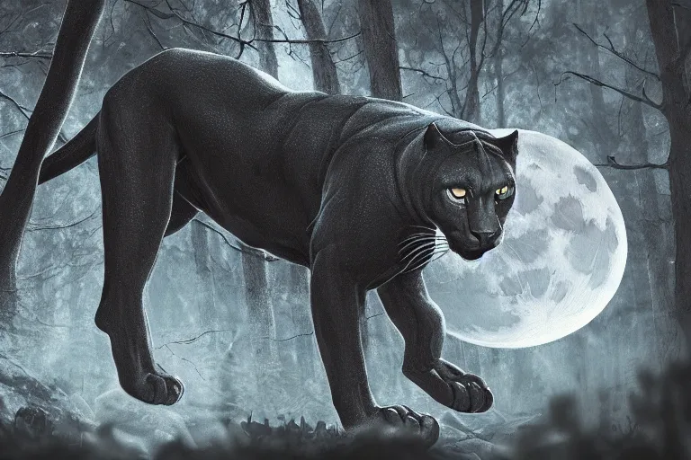 Image similar to a panther roaring in a forest during the night, large moon in the center. high quality render. illustration. 4 k. render. photoreal. highly detailed. artstation. realistic. dramatic. darkness. moon.