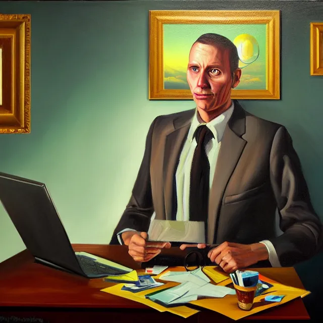 Prompt: an oil on canvas portrait painting of a business man in the office, polycount, surrealism, surrealist, lovecraftian, cosmic horror, high detail