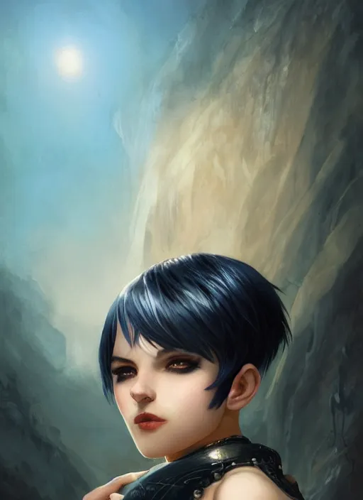 Image similar to girl with black and blue hair, pixie haircut, beautiful highly detailed face, complementary lighting, backlit, black eyeshadow, grinning, adventure, alluring gaze, dramatic lighting, landscape background, beautiful painting by artgerm and greg rutkowski and raymond swanland