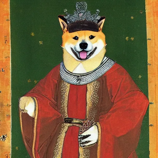 Image similar to potrait of shiba inu dog dressed as a king, medieval painting