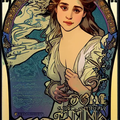 Prompt: Beautiful young girl like Daenerys Targaryen emilia clarke illustrated by alphonse mucha