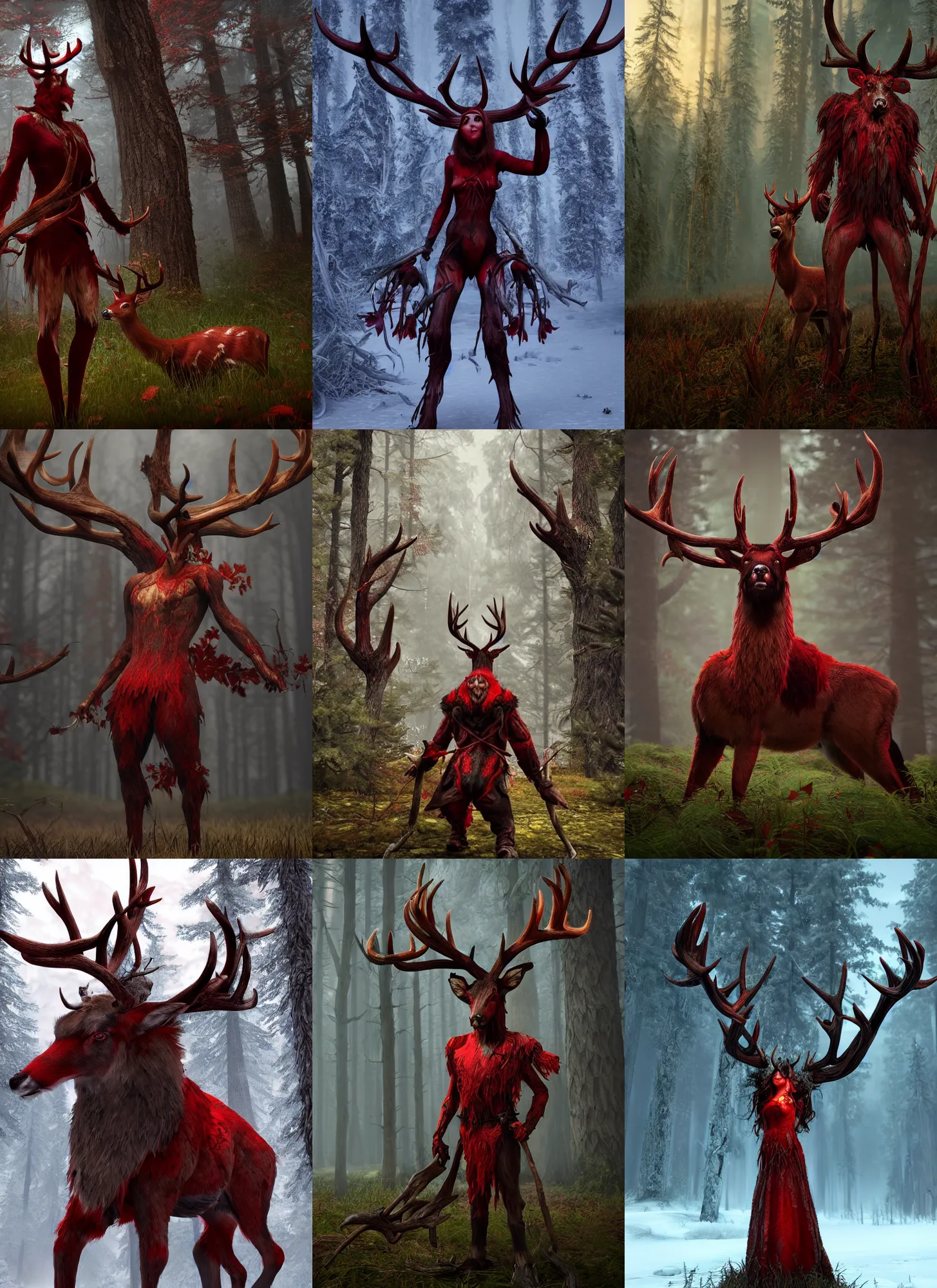 Prompt: red Forest keeper with deer antlers. Full body, dark fantasy, detailed and realistic, 4k, top-artstation, inspired blizzard games, octane render