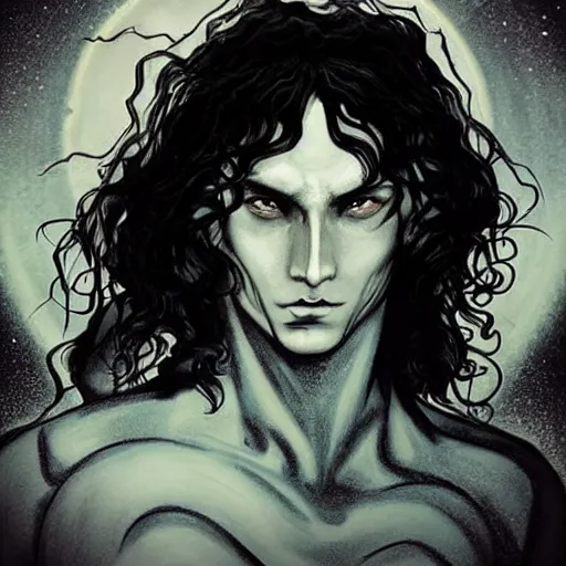 Prompt: An epic portrayal of the Sandman, aka Dream, Hypnos, one of the endless, son of the endless night, son of time, the cosmic being who controls all dreams, gothic, extra-dark natural black hair, good bone structure, sophisticated well rounded face, bright glowing eyes like LEDs, Lean Body, porcelain looking skin, standing tall, Dark Fantasy, blue hour, unreal engine 5, DAZ, hyperrealistic, octane render, symmetrical, attention to detail, Studio 4°C, vibrant bright colors, high saturation,extremely moody lighting, glowing light and shadow, atmospheric, cinematic, intricate, 8K, stunning, breathtaking, awe-inspiring. award-winnin, concept art, nouveau painting, trending ArtStation