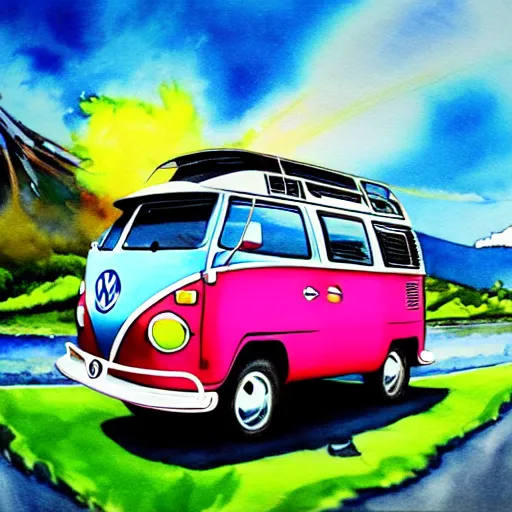 Image similar to a fisheye perspective caricature watercolor painting of a vw volkswagen bus, camper, bulli, type - 2, microbus, kombi, flying towards the camera, jumping at the viewer, dynamic action shot, fish eye lense, frontal, a dramatically erupting vulcano is seen in the background