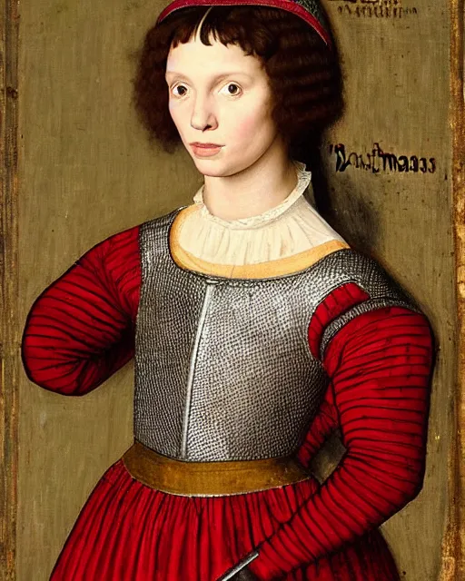 Prompt: medieval portrait of millie bobby brown dressed as a knight, in the style of eugene de blaas