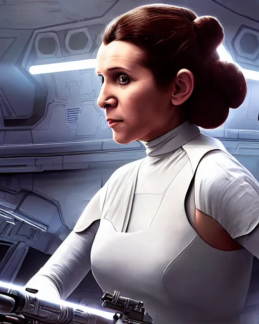 Image similar to portrait of princess leia on the millennium falcon, star wars, gta v, hyper realistic, glamorous pose, ambient lighting, concept art, intricate, hyper detailed, smooth, action, volumetric lighting, george lucas, arney fretag, ralph mcquarrie, octane