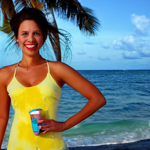 Prompt: DSLR portrait of a human-dolphin hybrid posing for a margarita commercial in a tropical beach-side bar