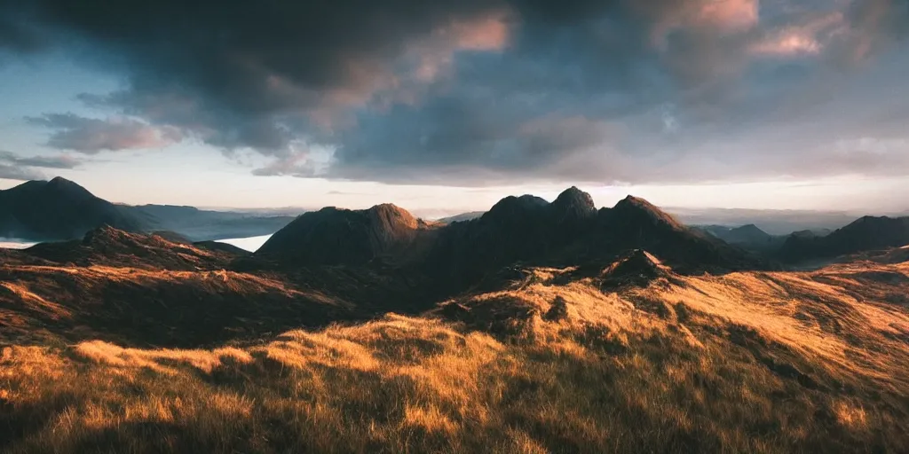 Image similar to Crib Goch!!!!!!!!!!! ridge, rays, epic, cinematic, photograph, atmospheric, dawn, golden hour, sunrise, sky, clouds, lake, arthouse cinema, Sofia Coppola, soft focus