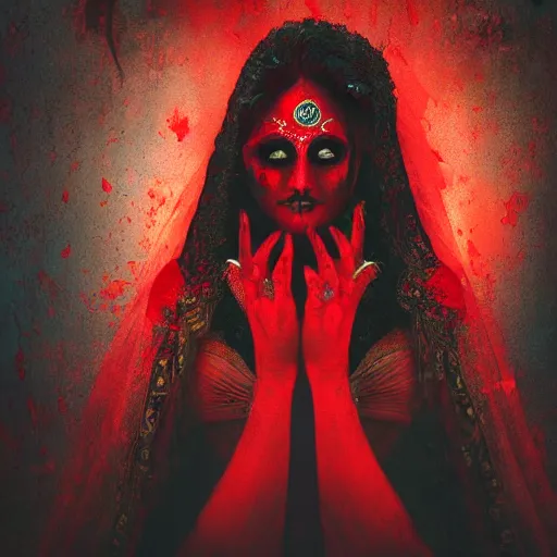 Image similar to beautiful Hindu lady of the dark with veil, in darkness, cover with a lot of red water, horror terrifying, surreal realistic, photorealistic, hyper details, full HD, 8k!