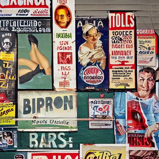 Prompt: texture of an billboard full of old posters and ads