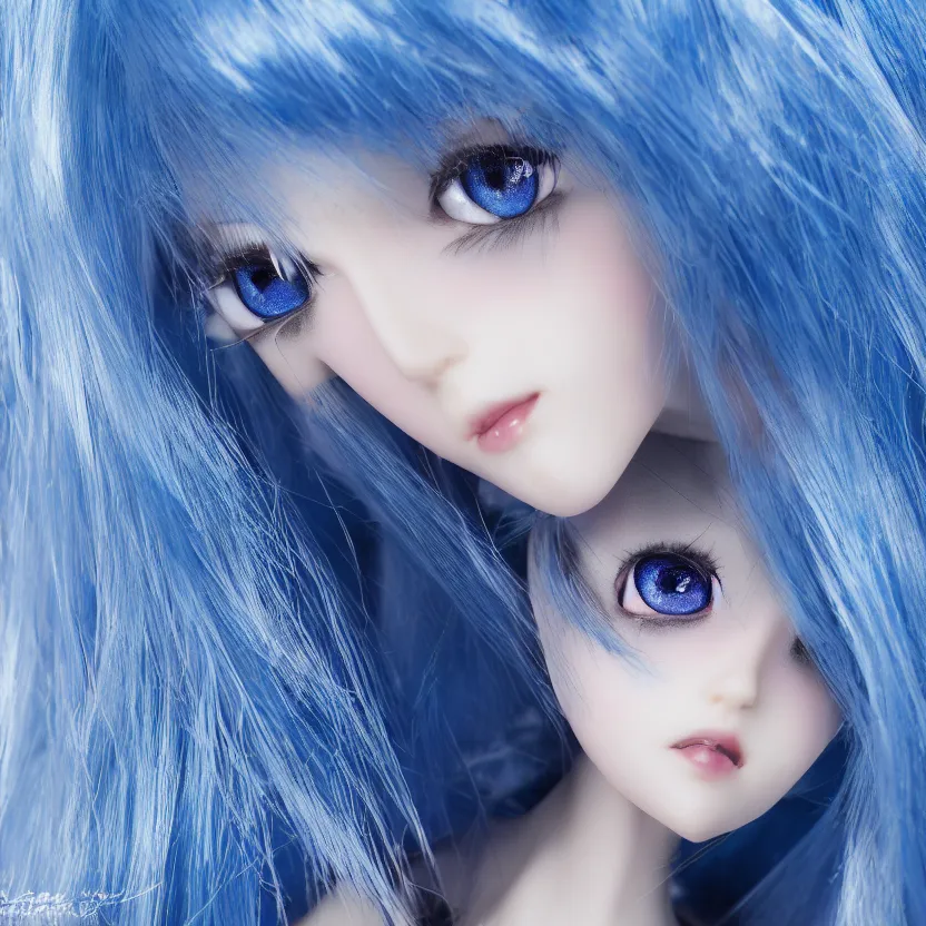 Image similar to dollfie gothic face, profesional studio portrait, blue hair, blue and bright eyes, zoom in, highly detailed