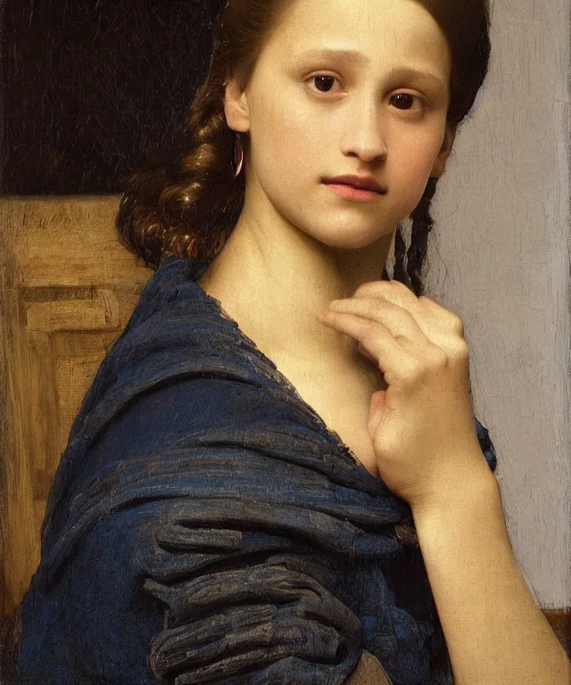 Image similar to a highly detailed, beautifully lit close portrait of a pretty, 1 4 year old alicia vikander resting her head on a table by an open window, oil painting portrait by vermeer and bouguereau and waterhouse