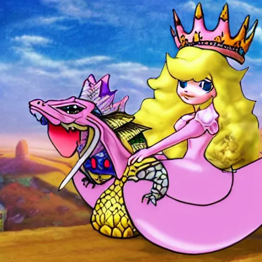 Prompt: Princess peach riding a dragon