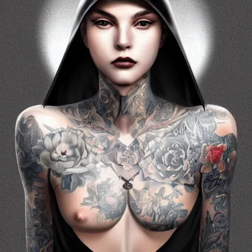 Image similar to A masterpiece portrait of a Incredibly beautiful queer girl with piercing and tatoo in black leather nun hat. Incredible light. light night, artstation Masterpiece. Angel. Angel wings. medium shot, intricate, elegant, highly detailed. trending on artstation, digital art, by Stanley Artgerm Lau, WLOP, Rossdraws, James Jean, Andrei Riabovitchev, Marc Simonetti, Yoshitaka Amano. background by James Jean and Gustav Klimt, light by Julie Bell, 4k, porcelain skin. Octane render. epic dark fantasy. Highly detailed digital painting. By greg rutkowski