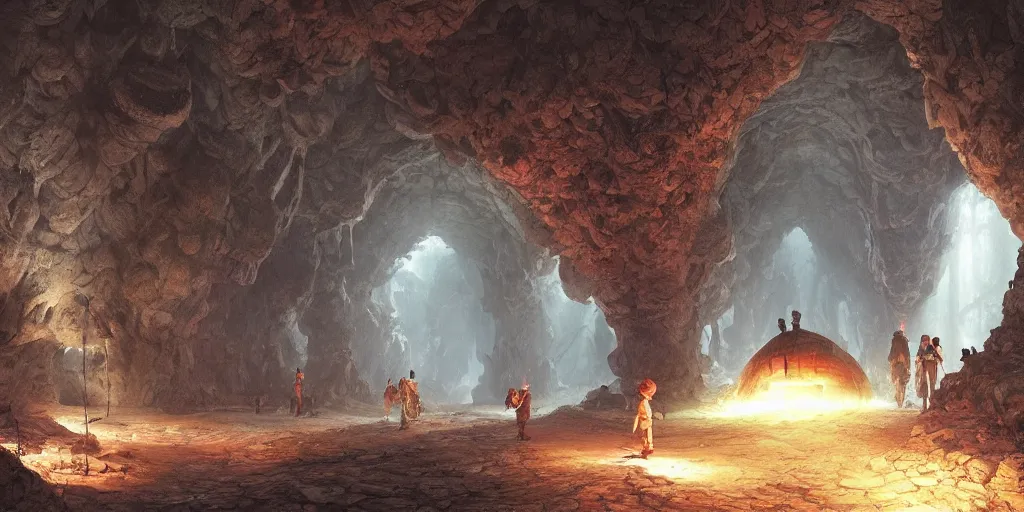 Prompt: drawfs trek along a path in an immense underground cavern, lit by magical light, giant mushrooms, dark fantasy, Greg Rutkowski and Studio Ghibli and Ivan Shishkin