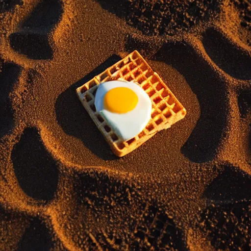 Image similar to an eggo waffle in the sand on the beach in san diego. sigma 5 5 mm. a bit of sand on the waffle. beautiful lighting