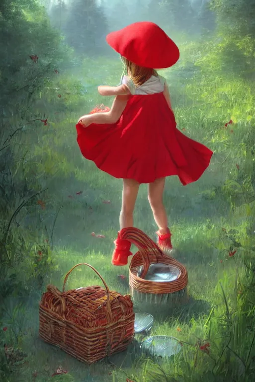 Prompt: a little girl in red hat with a picnic basket ,forest, long-shot, by Bruce Pennington and Ross Tran trending on artstation, trending on deviantart