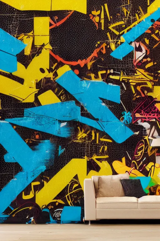 Image similar to extreme graffiti tag mural maximalism, yellow, brown, black and cyan color scheme, octane render