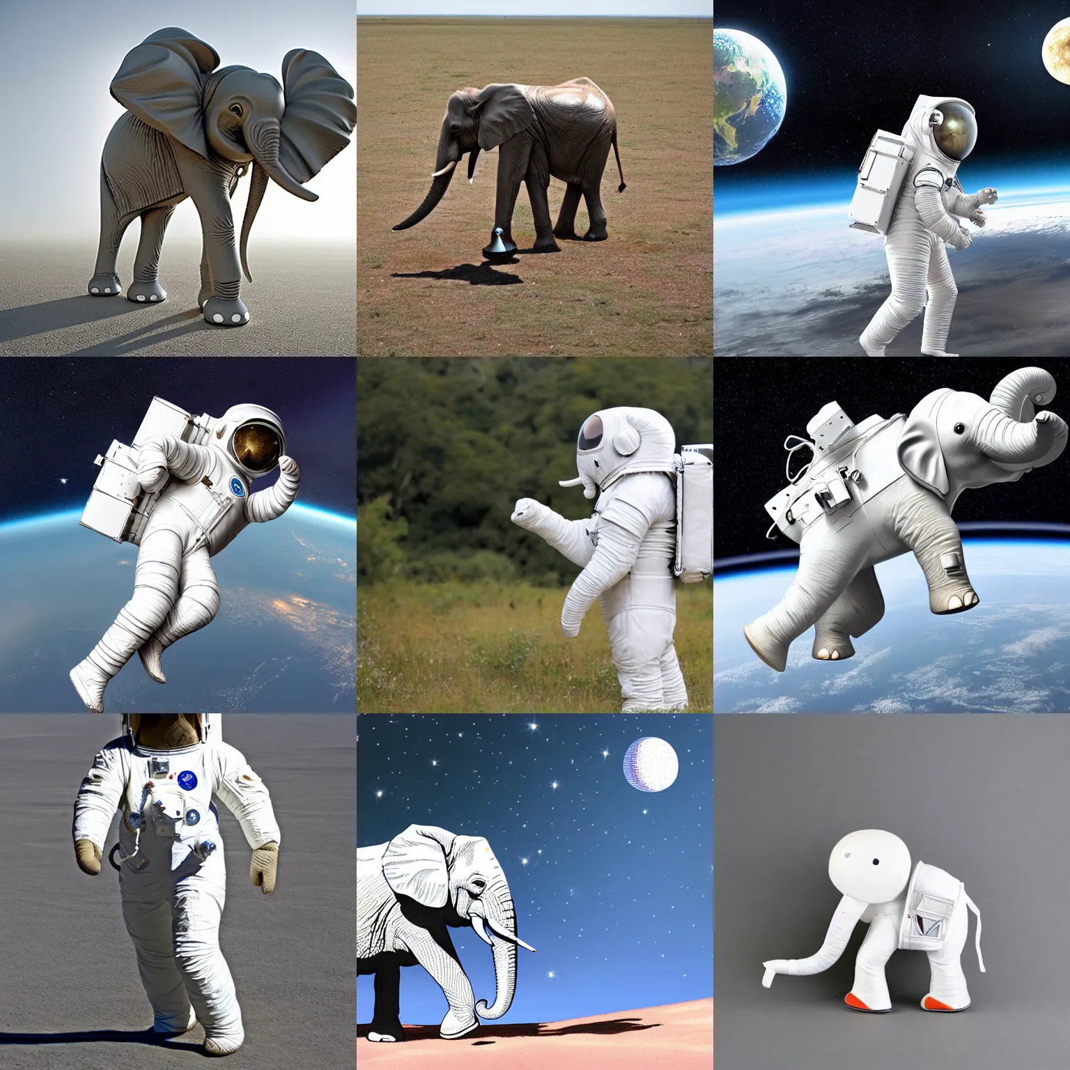 Prompt: elephant astronaut in white spacesuit