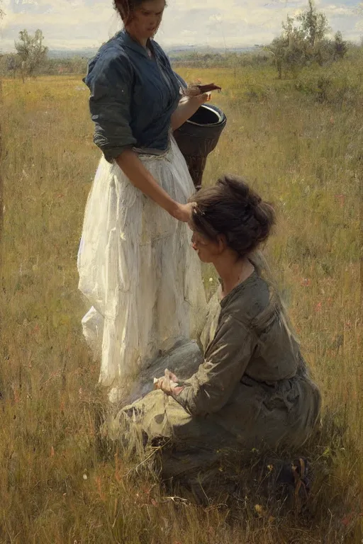 Prompt: Solomon Joseph Solomon and Richard Schmid and Jeremy Lipking painting full length portrait painting of a young woman working in the field