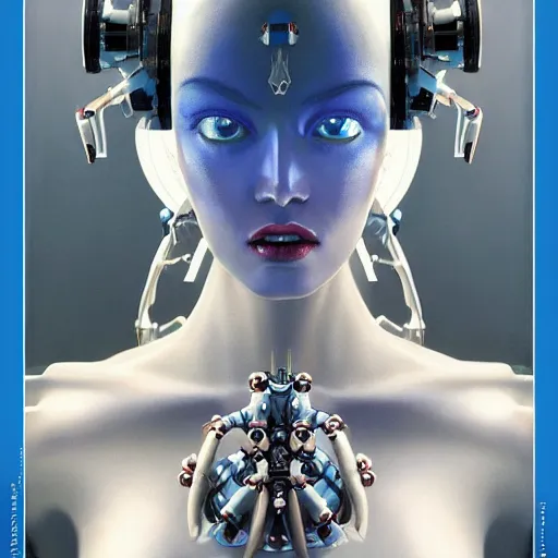 Prompt: hyper realistic close up portrait of a six - armed robot goddess holding geometric shapes, monochromatic body against a blue background. painting by greg rutkowski, scott m fischer, argerm, anne stokes, alexandros pyromallis