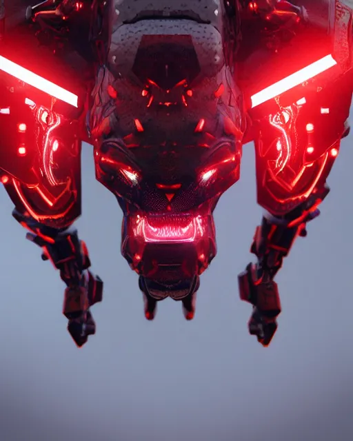 Image similar to a full body shot of an imposing cyborg ( bull ) modeled after a bull looking into the camera, android, cyborg, full body shot, red, intricate, 3 d, hyper realism, symmetrical, octane render, strong bokeh, fantasy, highly detailed, depth of field, digital art, artstation, concept art, cinematic lighting, trending