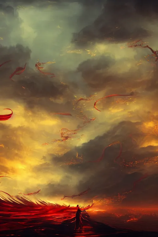 Prompt: breathtaking digital painting of swords flying in golden clouds, numerous blades in dynamic movement, strokes of mist and scarlet ribbons, german romanticism style, volumetric lighting, concept art, matte, sharp focus, art by celestialfang, matchach, juanmao, dustin panzino, trending on artstation