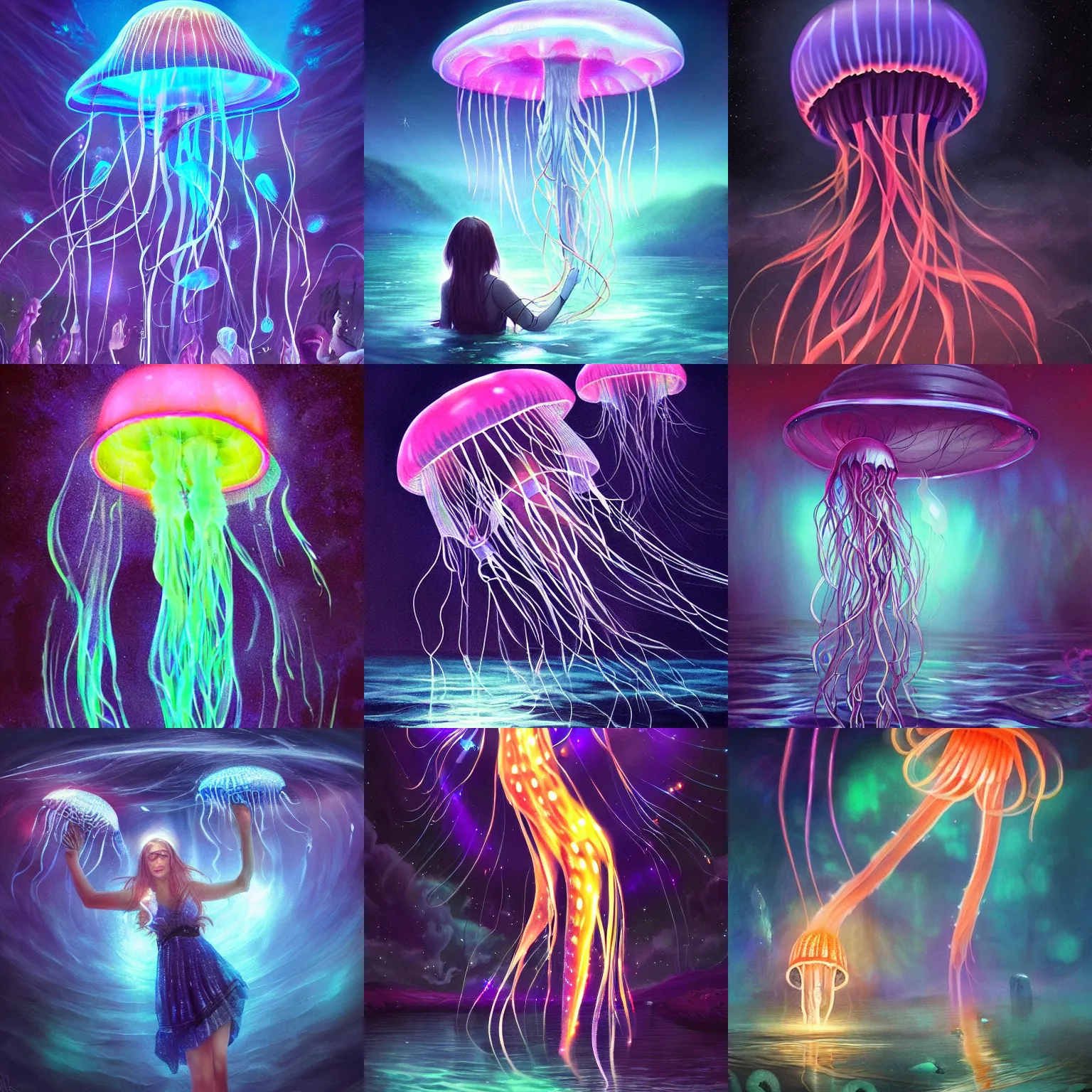 Prompt: glowing jellyfish immigration down a river, evocative, mystical night, detailed, award winning, trending on artstatioon artwork by Artgerm,