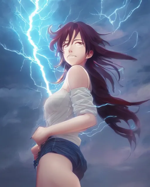 Image similar to the goddess of lightning, full shot, atmospheric lighting, detailed face, one piece style, by makoto shinkai, stanley artgerm lau, wlop, rossdraws