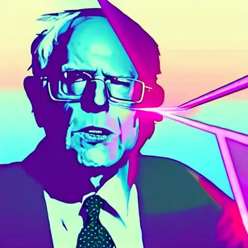 Image similar to bernie sanders shooting a laser beam from his eyes, synthwave