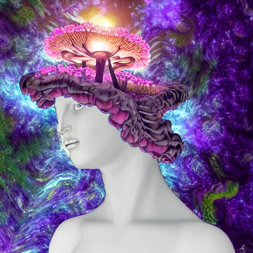 Image similar to glowing delicate flower and mushrooms that grow in a dark fatansy forest on the planet Pandora, an idealistic marble statue with fractal flowery hair in a fractal garden, - W 704