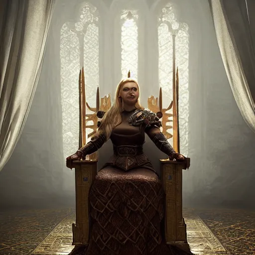 Prompt: the elder scrolls vi, majestic, gracious regal blonde female nord jarl portrait, rustic throne room, mysterious atmospheric lighting, painted, intricate, volumetric lighting, beautiful, rich deep colours masterpiece, golden hour, golden ratio, sharp focus, ultra detailed by leesha hannigan, ross tran, thierry doizon, kai carpenter, ignacio fernandez rios