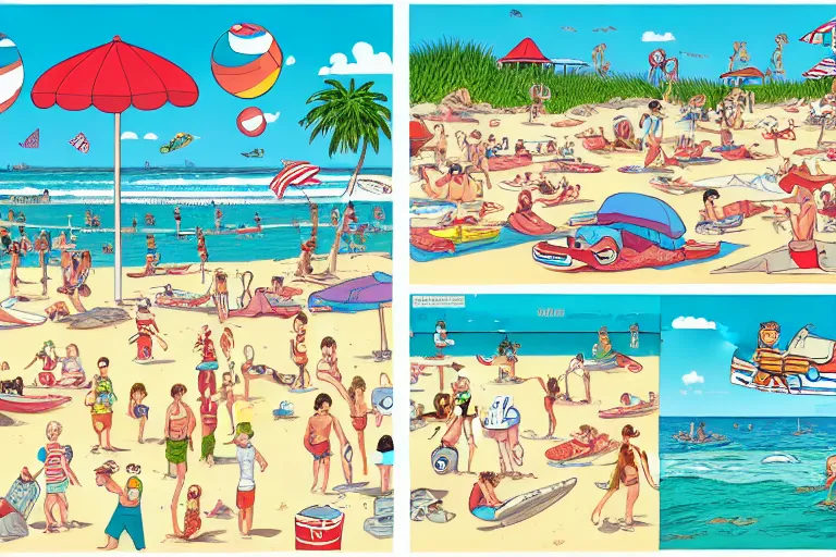 Image similar to a full page spread from the where's waldo at the beach book, waldo in the top right of frame, high detail illustration, coherent