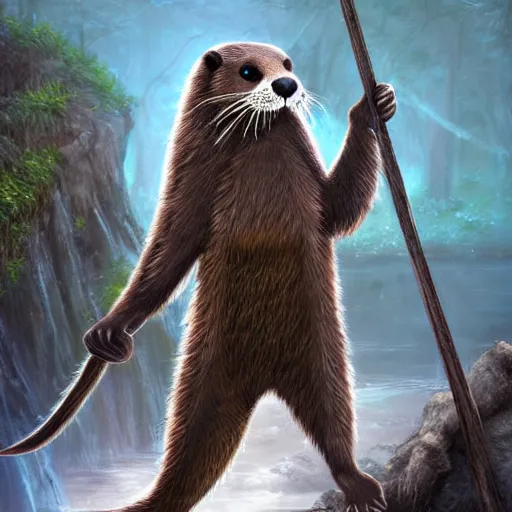 Image similar to furry otter warrior, fantasy art, lightweight armour, near the river, waterfall, digital art, high quality