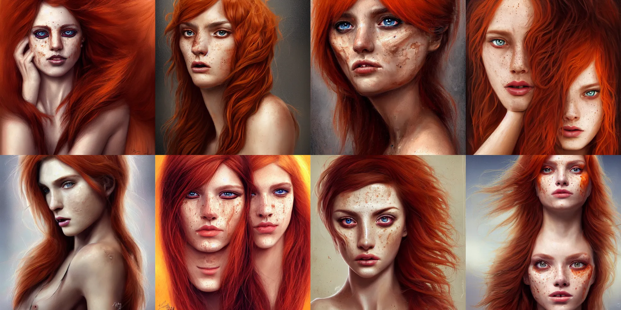 Prompt: portrait young beautiful!!! symmetric woman, hypnotic ( ( ( orange cat ) ) ) eyes, hazel hair, freckles, ( ( ( ( ( fangs ) ) ) ) ) digital painting, lots of details, extremely detailed, 4 k, intricate, brush strokes, mark arian, artgerm, bastien lecouffe - deharme