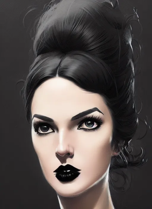 Image similar to portrait of a woman with a hook nose and a confident expression, 1 9 6 0 s, black clothes, goth, punk, funk, intricate, elegant, highly detailed, digital painting, artstation, concept art, smooth, sharp focus, illustration, art by wlop, mars ravelo and greg rutkowski