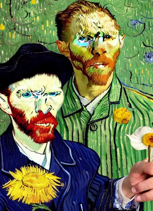 Prompt: hyper realistic vincent van gogh holding a flower drawn by chiara bautista and norman rockwell and greg rutkowski weta studio, and lucasfilm