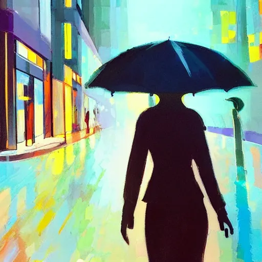 Prompt: evening modern high tech city scene with young woman with umbrella. beautiful use of light and shadow to create a sense of depth and movement. using energetic brushwork and a limited color palette, providing a distinctive look and expressive quality in a rhythmic composition