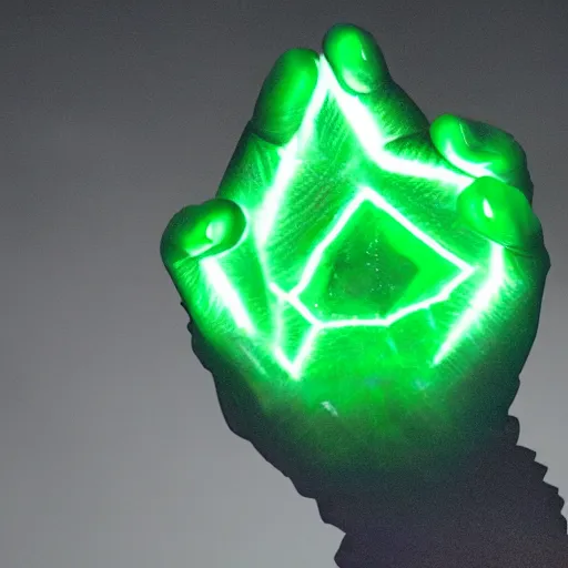 Prompt: a glowing shard of kryptonite held in an open black - gloved hand, night photography, pitch black, lit only by the green glow of the kryptonite