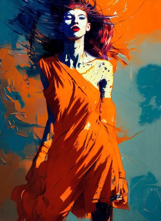 Image similar to portrait of beautiful girl, dancing, ecstatic, ibiza night club, sunset, shades of orange and blue, beautiful face, rule of thirds, intricate outfit, spotlight, by greg rutkowski, by jeremy mann, by francoise nielly, by van gogh, digital painting