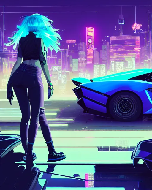 Image similar to digital illustration of cyberpunk pretty girl with blue hair, looking at a purple lamborghini, back view, in junkyard at night, by makoto shinkai, ilya kuvshinov, lois van baarle, rossdraws, basquiat