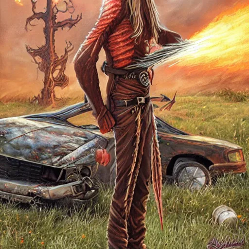 Image similar to a skinny high-fantasy elf with a long narrow face and spiky blonde hair wearing dark brown overalls and holding a firecracker standing next to a destroyed car, painting by Ed Binkley