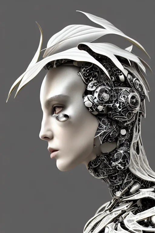 Image similar to monochrome close - up profile face, black background, beautiful young porcelain bio - mechanical vegetal - dragon - cyborg - female, white metallic armour, silver gold details, magnolia leaves and stems, roots, mandelbot fractal, 1 5 0 mm, beautiful natural soft rim light, elegant, hyper real, ultra detailed, octane render, 1 6 k