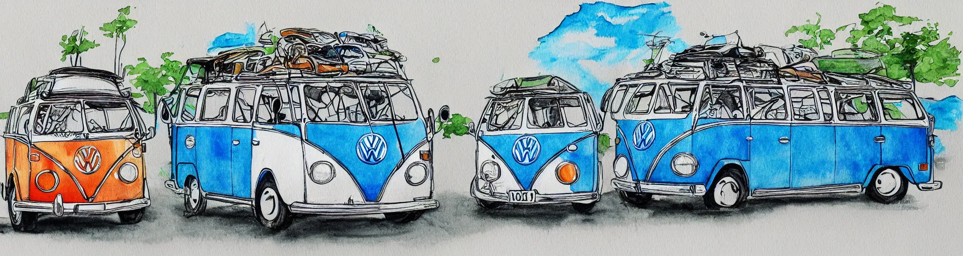 Prompt: vw bus, vw beetle, on a street, centered award winning watercolor pen illustration