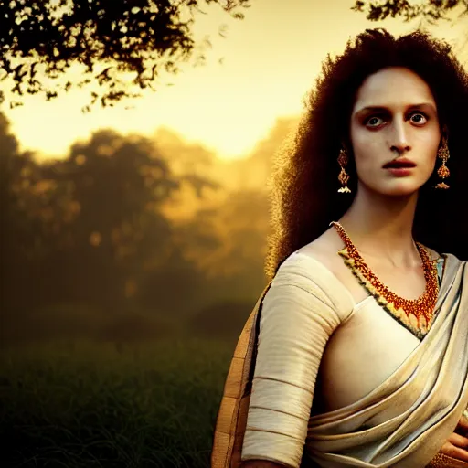 Prompt: photographic portrait of a stunningly beautiful renaissance female in traditional sari dress, white irises and dark eye makeup, in soft dreamy light at sunset, god rays, contemporary fashion shoot, by edward robert hughes, annie leibovitz and steve mccurry, david lazar, jimmy nelsson, extremely detailed, hyperrealistic, perfect face, octane render