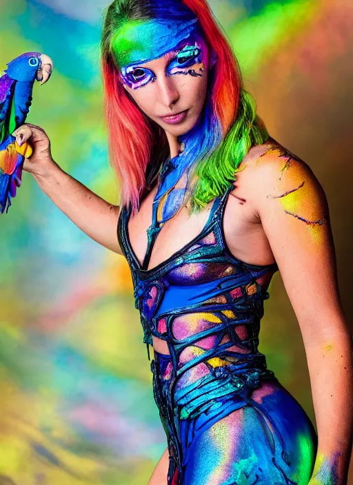 Prompt: a swashbuckling pirate! wearing iridescent body paint, posing with an iridescent parrot, fashion photo 2 0 2 2