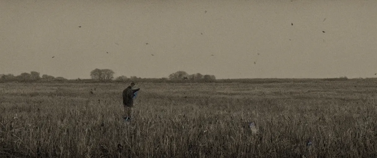 Image similar to revealed, underlined in a sudden gust of wind the profile of a man raises under the moon uncovered and tiny, overlooking the fen water meadowlands and small shot for the ducks he walks in the mud, moves aside the reeds no clapping of wings, no motions around just the singing wind in an ominous silence