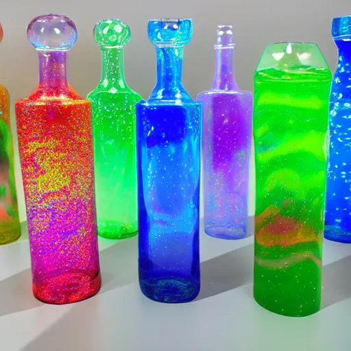 Prompt: colorful holographic stickers of beautiful glass bongs from outer space