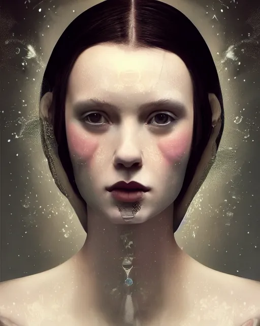 Prompt: stunning close up editorial portrait of a woman, symmetrical face, sci-fi skin, official prada editorial, beautiful pre-raphaelite portrait by charlie bowater, by Hendrik Kerstens, by Zhang Jingna, by norman rockwell, highly detailed