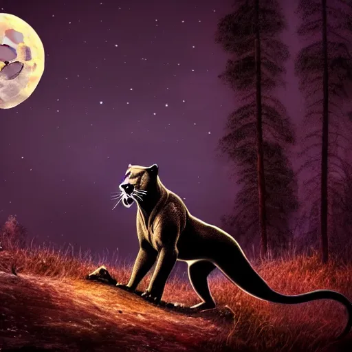 Image similar to a panther roaring at the moon in a forest during the night, large moon in the center. high quality. artistic. illustration. 4 k. cinematic. photoreal. highly detailed. dramatic. dark colors. night.